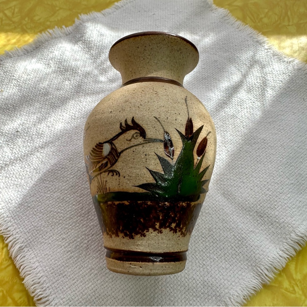 Tonala Mexico Small Pottery Vase Roadrunner